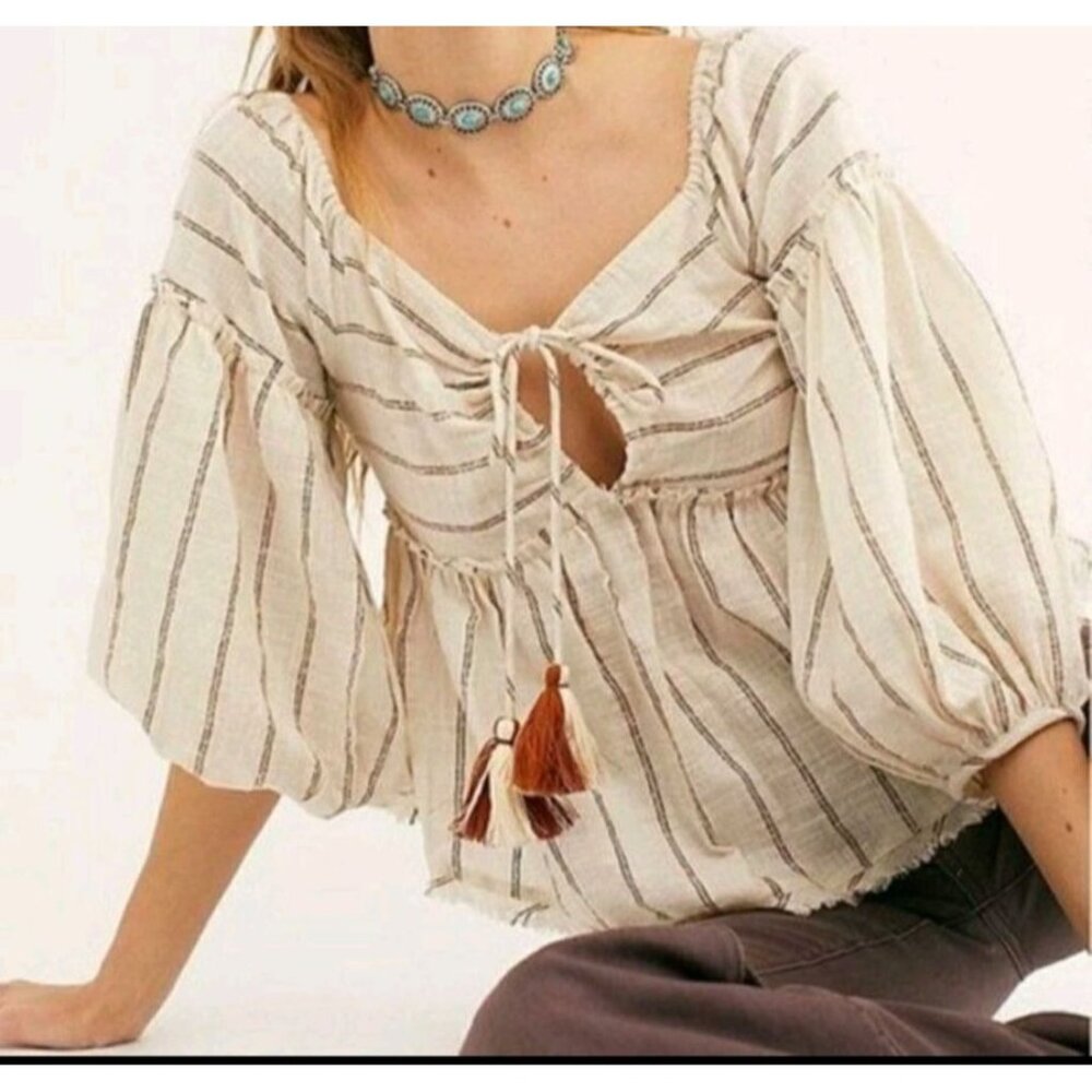 Free People Balloon Sleeve Tassel Tie Raw Hem Peplum Boho Peasant Blouse Size S